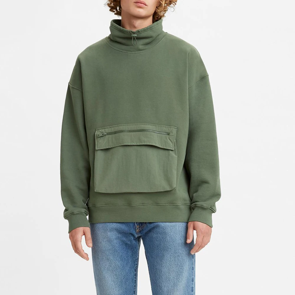 Custom Men 100%Cotton Blank Thick Pullover French Terry Hoodie Luxury Heavyweight Oversize Cargo Utility Mock Neck Sweatshirt