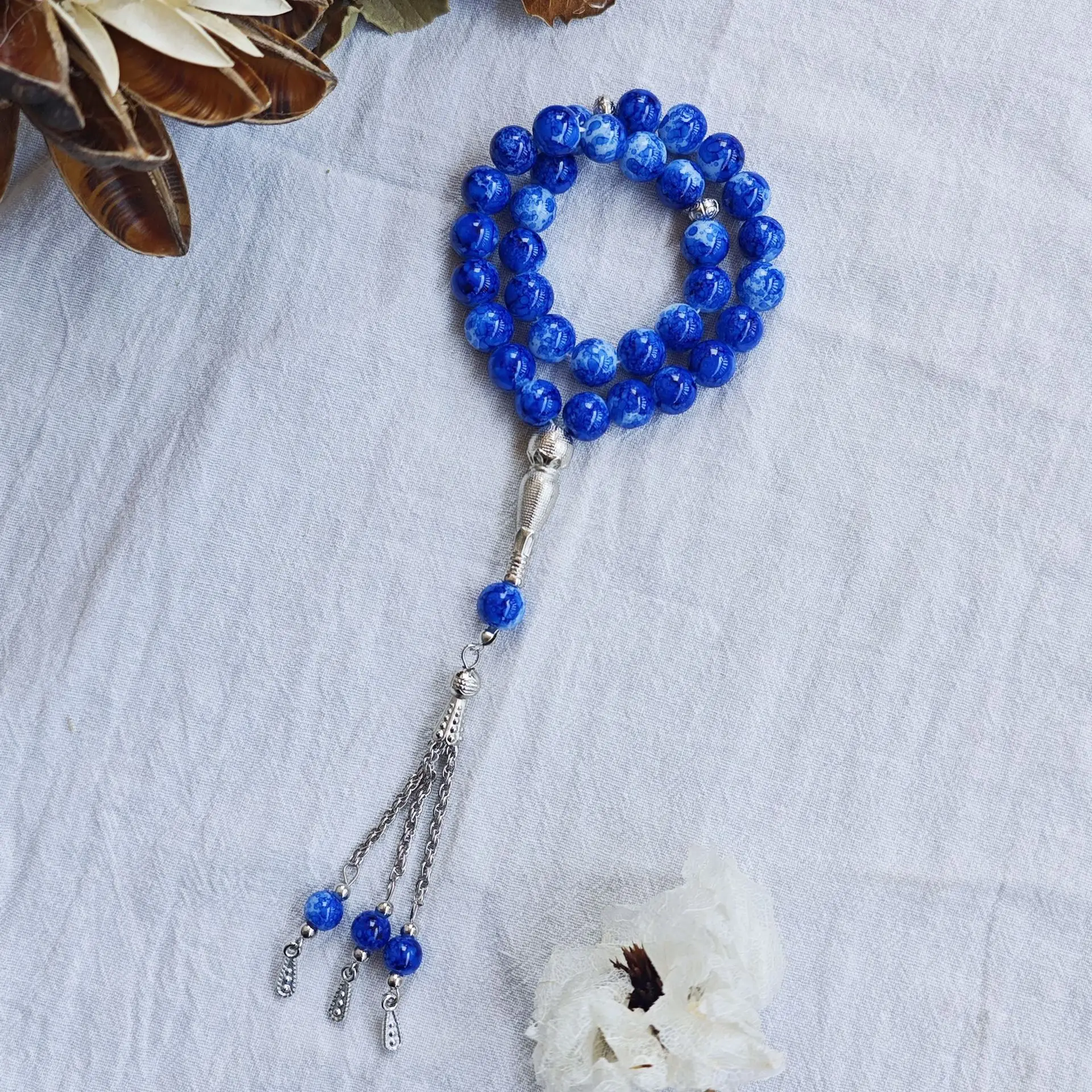 Large 10mm33 Flower Pearl Iron Spike Glass Muslim Rosary Handheld Bracelet New Wood Beads Product