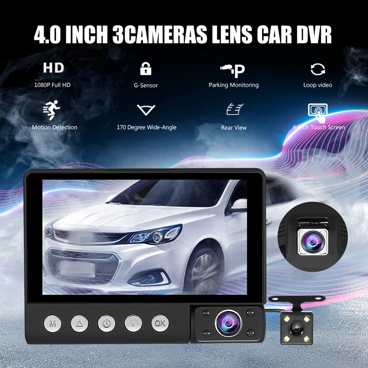 Dash Cam 3 Dashboard Camera Recorder 4 Inch Touch Screen Video DVR 3 Ways HD Car Black Box Rearview Car DVR Driving Recorder