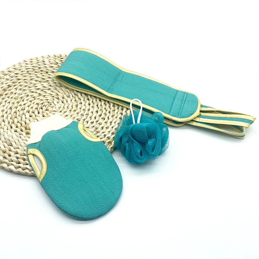 3pcs Bath Supplies Set Bath Durable Fibre Body Scrubber Finger Exfoliating Gloves and Belt Set for Shower