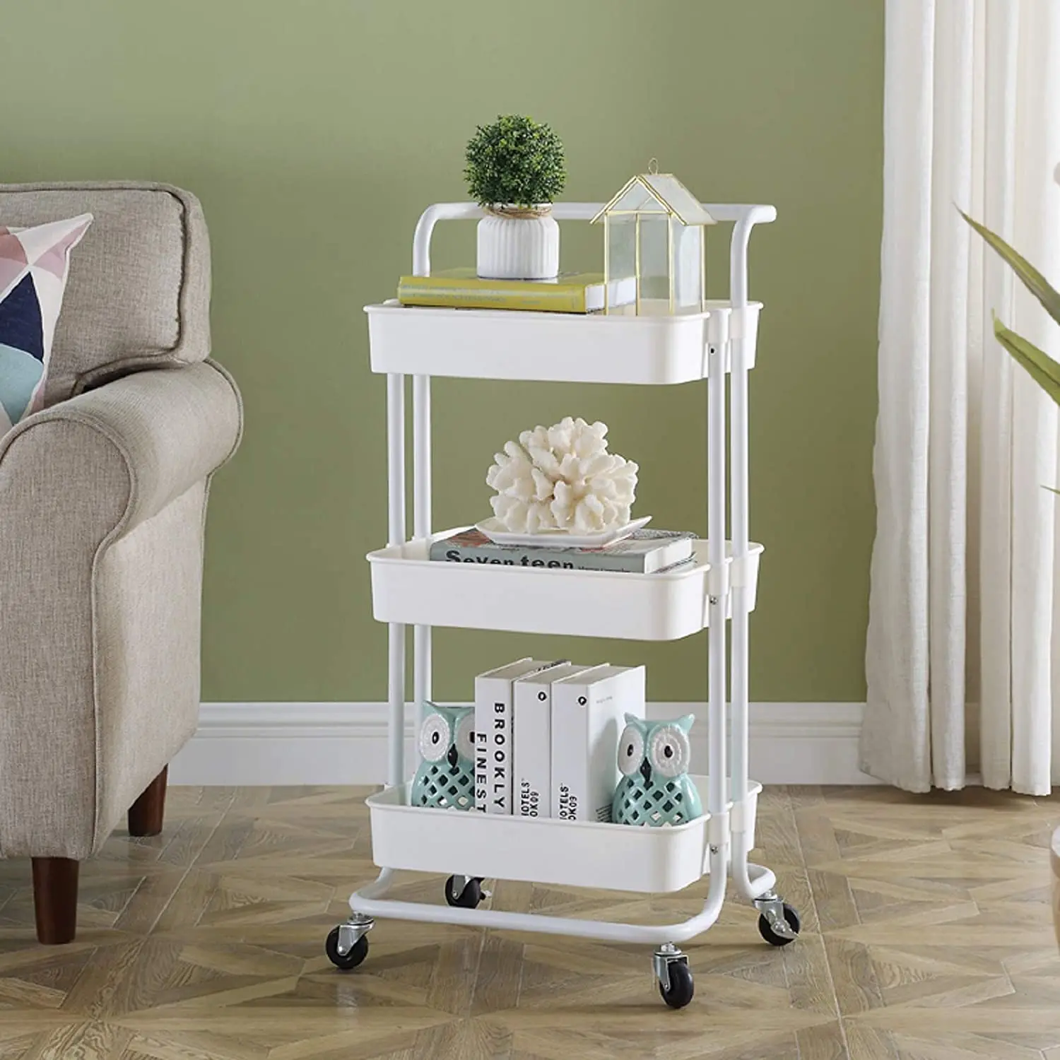 Three-Layers Household Storage Trolley Rolling Storage Cart with 360 Degrees Wheels 3-Tier Trolley with Handle
