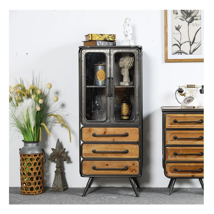 INNOVA Home Vintage Kitchen Wood Metal Storage Drawers Sideboard Accents Industrial Furniture Display Glass Door Cabinets