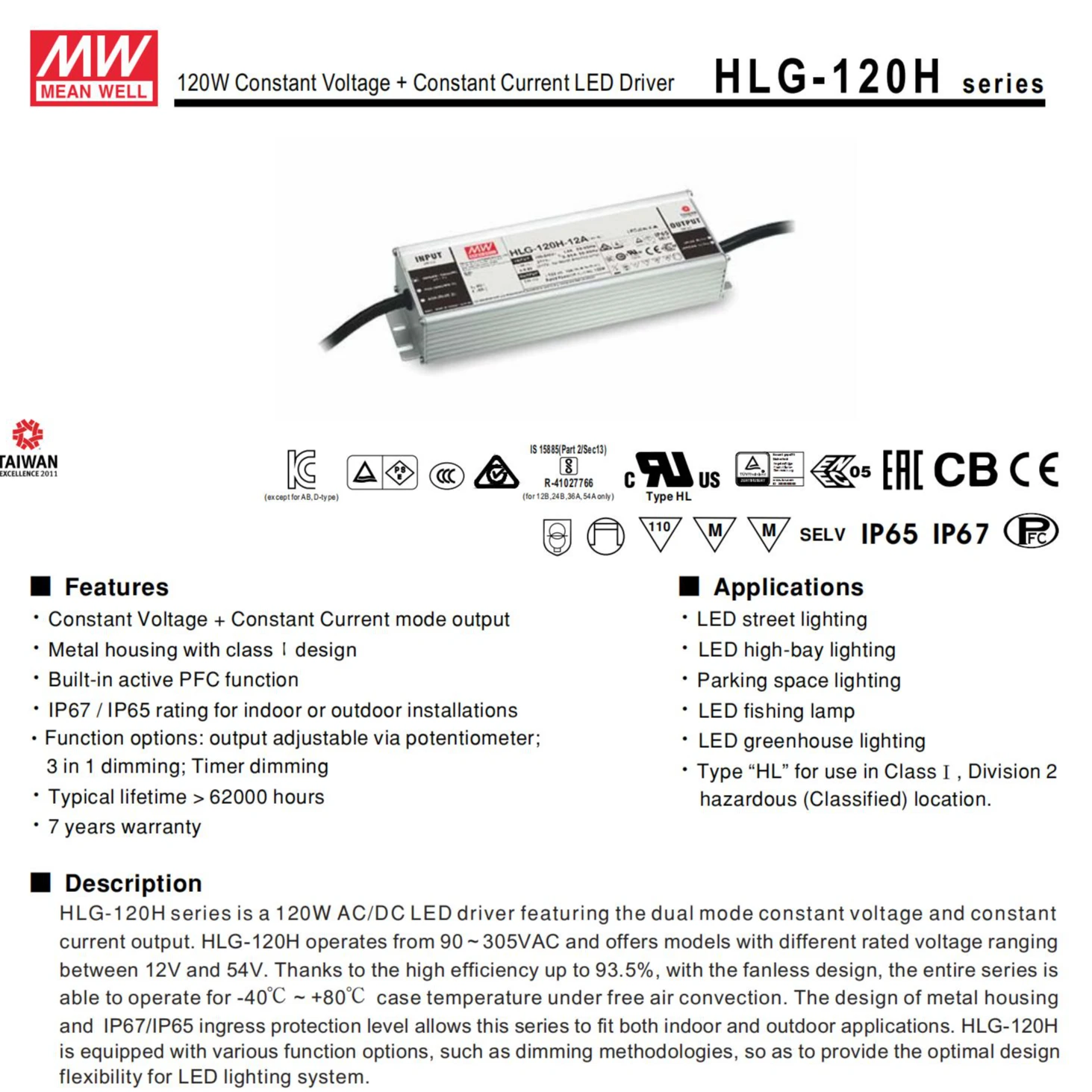 MeanWell HLG-120H Series 120W LEd 48V Single Output Power Supply Led Driver For Led Grow Light