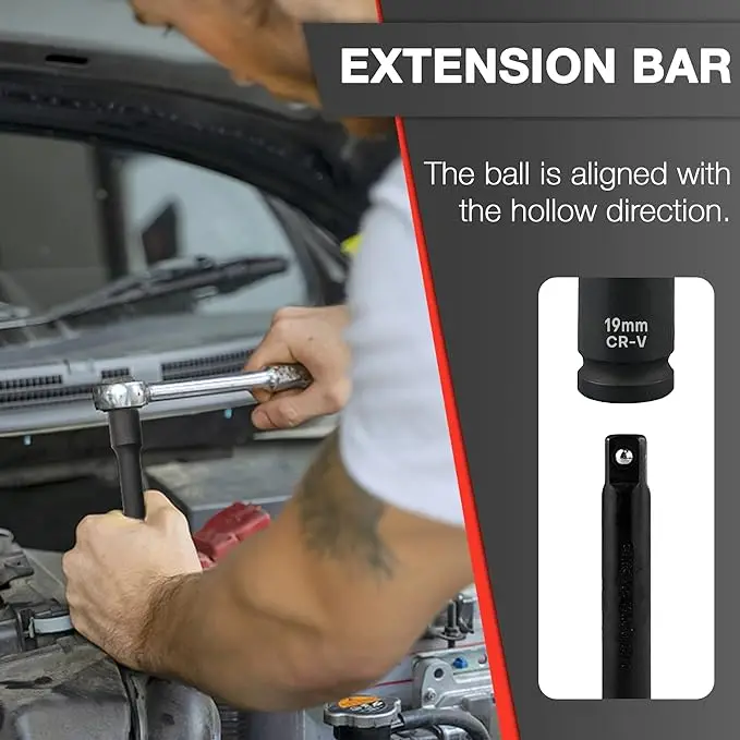 29pcs 1/2-Inch Drive Deep Impact Socket Set Cr-V Steel 10-24mm Universal Joint Adapter and Extension Bar