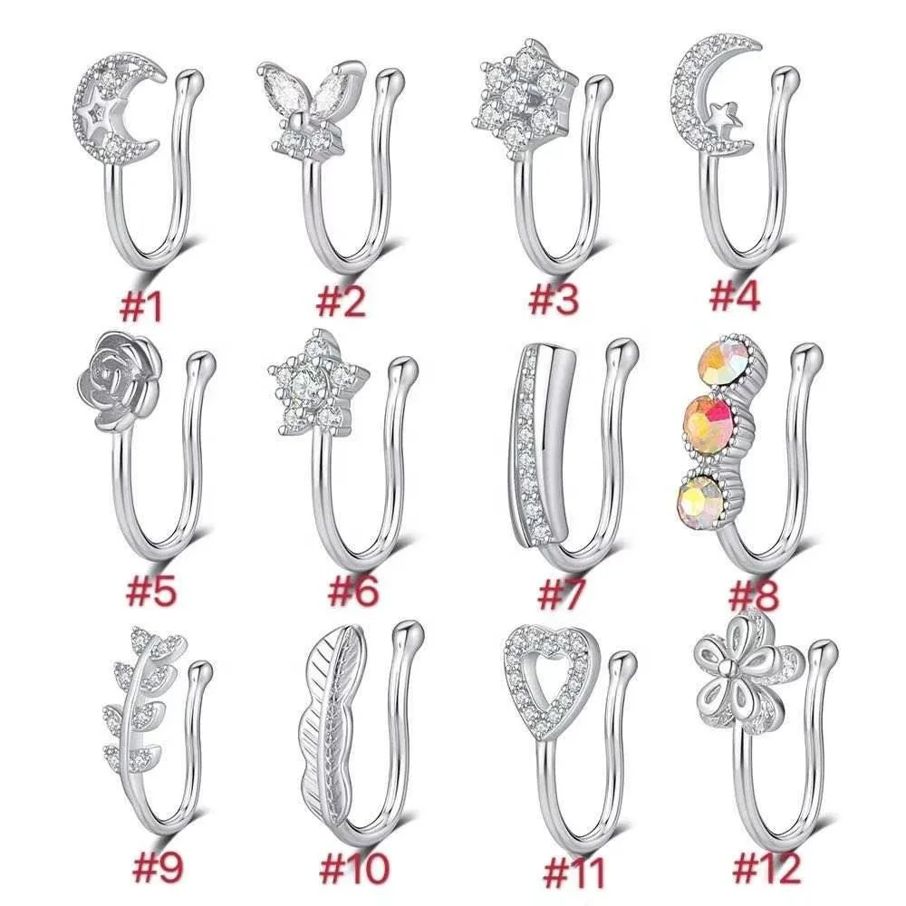 Classic Heart Flower Butterfly Faux Piercing Clip On Nose Goth Body Jewelry Zircon Crystal  Piercing African Nose Cuff