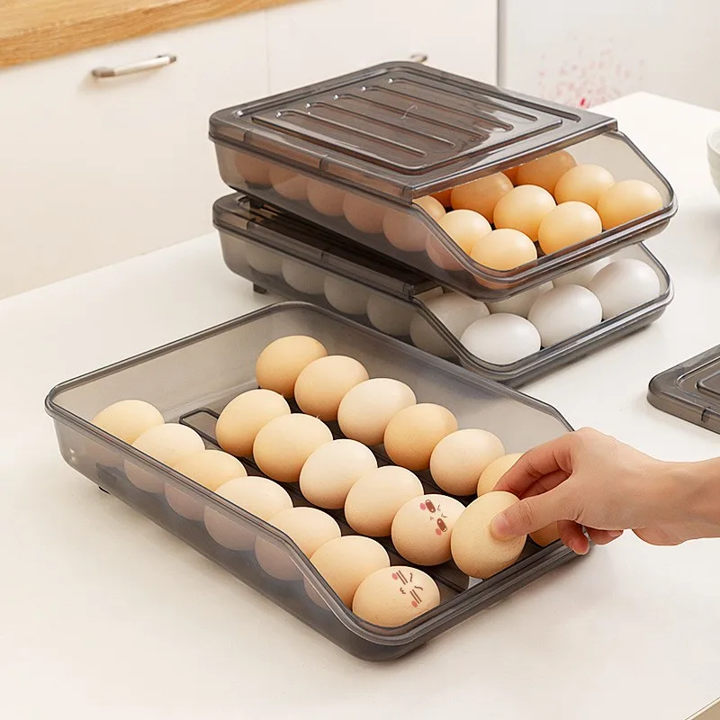 Eggs Holder for Refrigerator Automatic Rolling Antislip Organizer with Lid Egg Storage Container Shelf Kitchen  Egg Tray