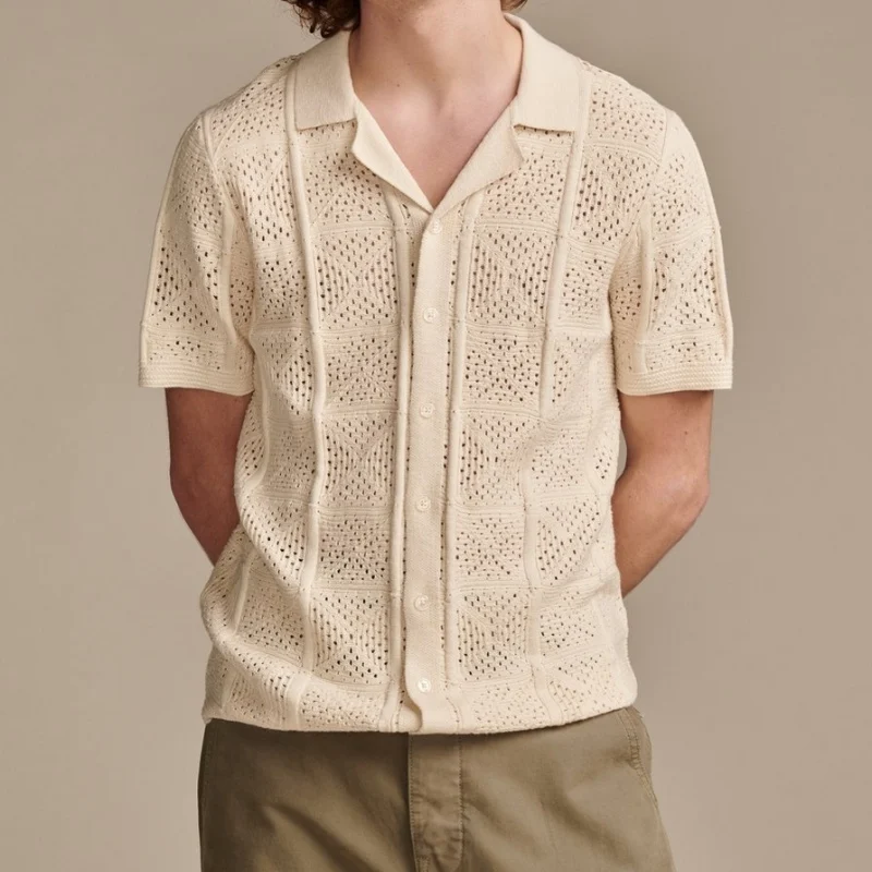 Wholesale Custom Cotton Men Knit Short Sleeves Button High-Quality Mesh Open Knitwear Summer Spring Fashion Plaid T-shirt