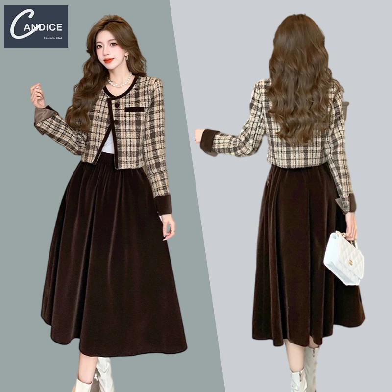 Candice wholesale high quality elegant velvet tweed suit women two piece skirt set fall 2023