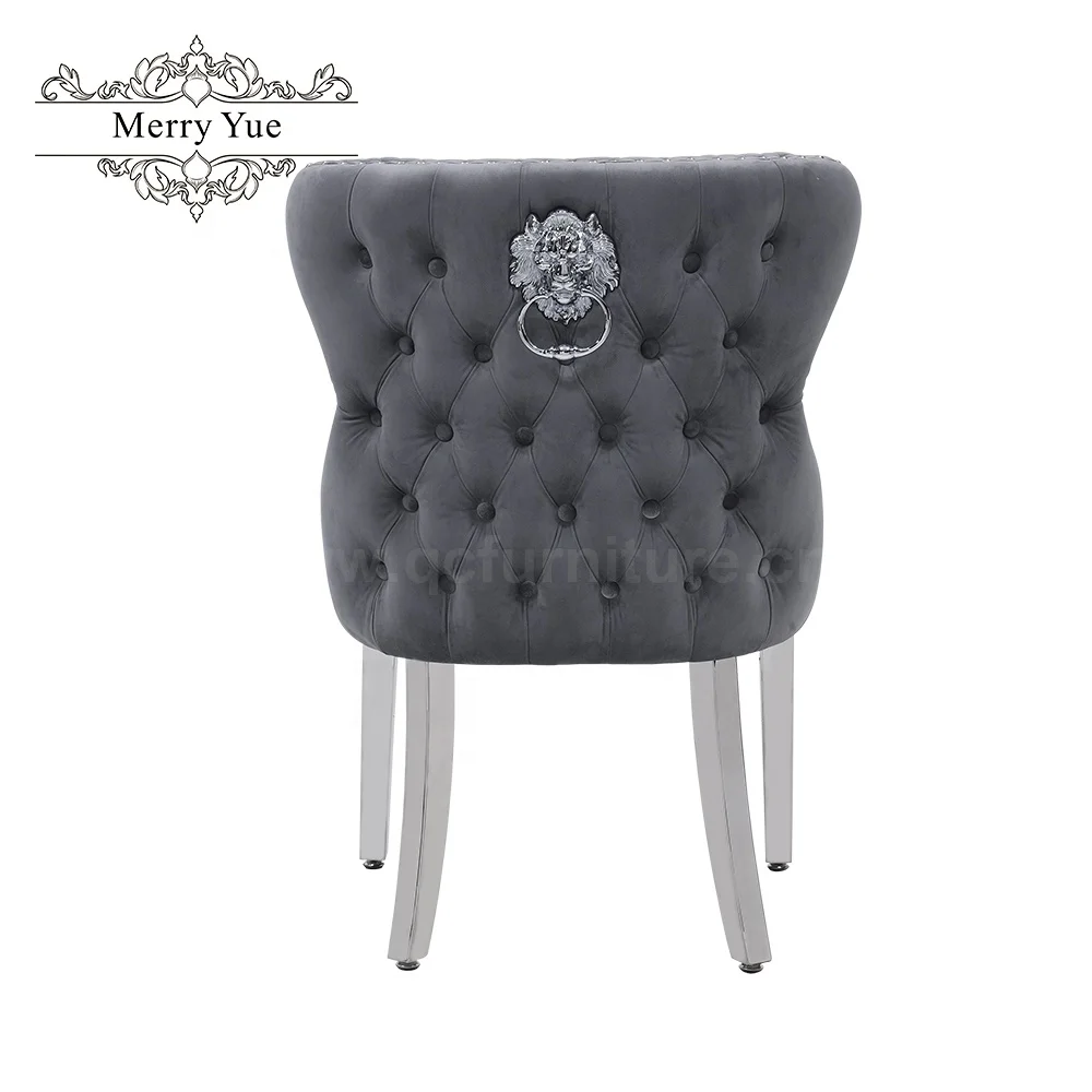 Dinning Room Chairs Silver Chrome Legs pink Velvet Upholstered Seats lion Head Knocker Ring Back Dining Chair Stainless Steel
