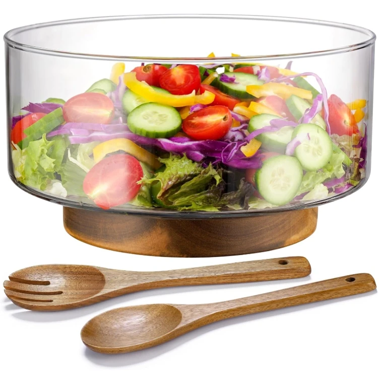 Wooden Salad Bowls Extra Large Glass Salad Bowls for Party with Acacia Wood Base and Salad Serving Utensils
