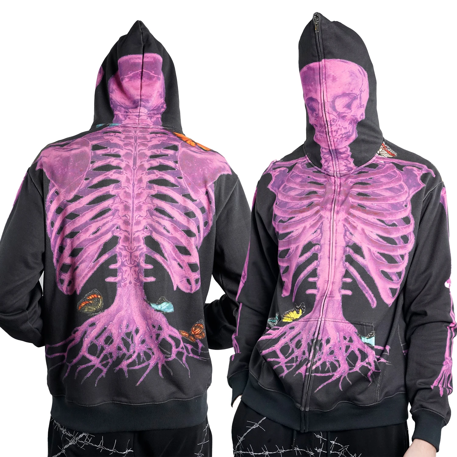 Skull Skeleton Full Zip Up Hoodie Zipper Streetwear Distressed Acid Wash Hoodies Oversize For Men