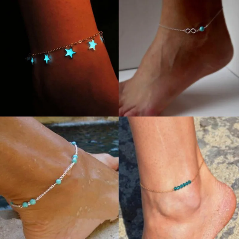 Beach anklet turquoise beads blue pentagonal star tassel anklet