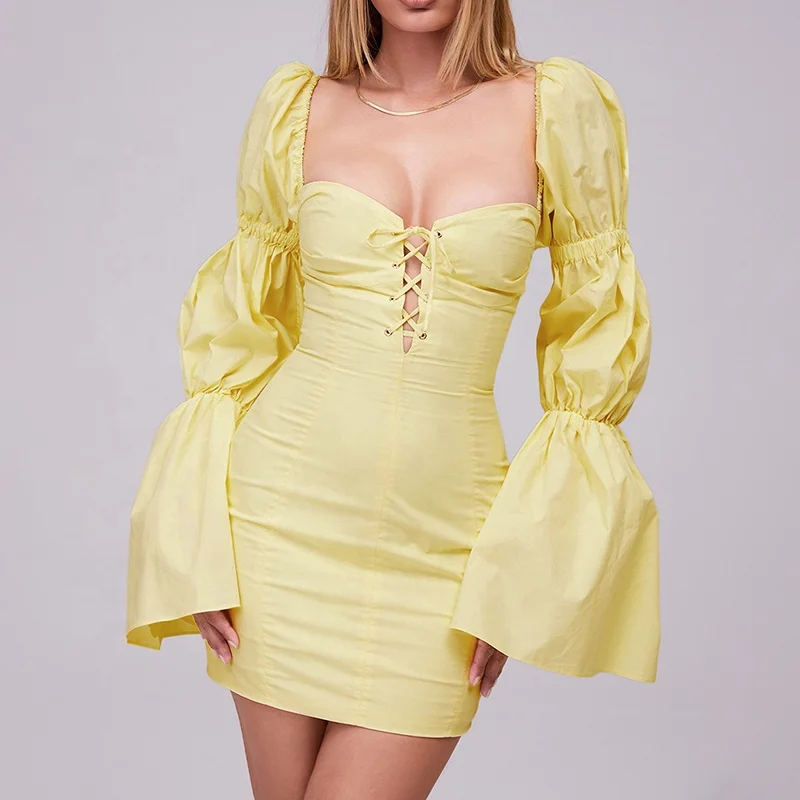 Weixin Women Clothing Professional Custom Lemon Lace Up Puff Sleeve Shirt Bubble Summer Design Mini Dress