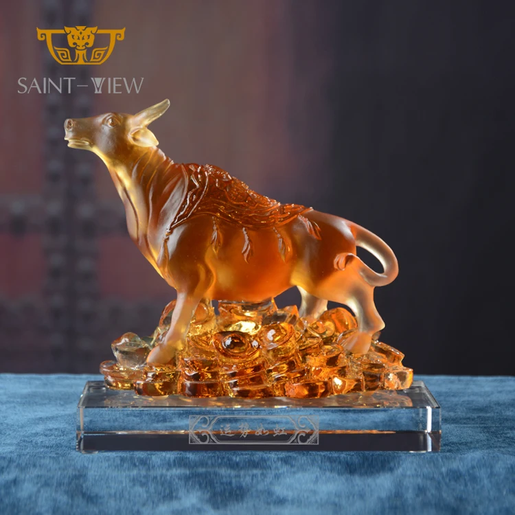 2024 New Year Crystal Glass Liuli Golden Bull Sculpture With Coin Money-Drawing Fengshui Craft Decor
