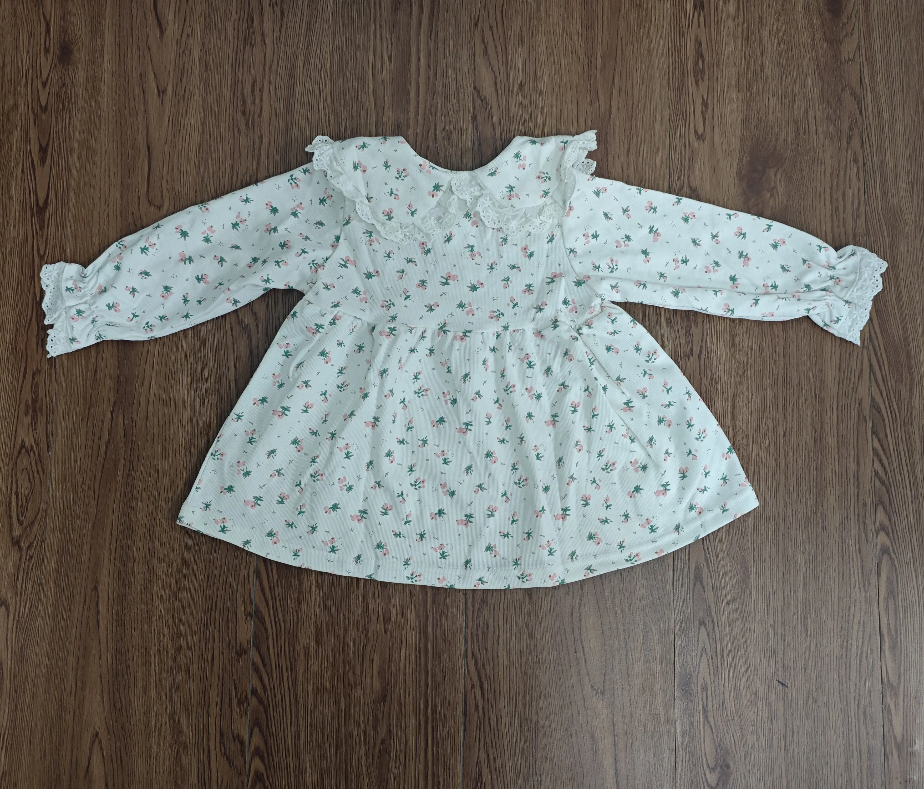 RTS  Baby Girl Floral Printed Dress Long Sleeve with Ruffle Lace for Kids Casual Dress Sweet Style Children Dress