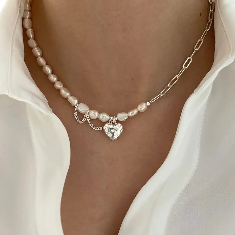 Silver Plated Heart Pearl Necklace for Women Elegant Baroque Pearl Heart Patchwork Asymmetric Chain Necklace Jewelry
