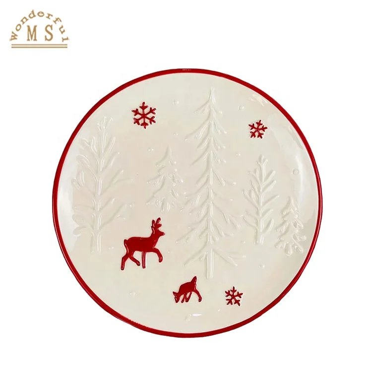 12 Inch Christmas Party Dinner Plates Set Xmas Kitchenware Plate Set with Christmas Santa Claus and Reindeer Ceramic Dish Plate