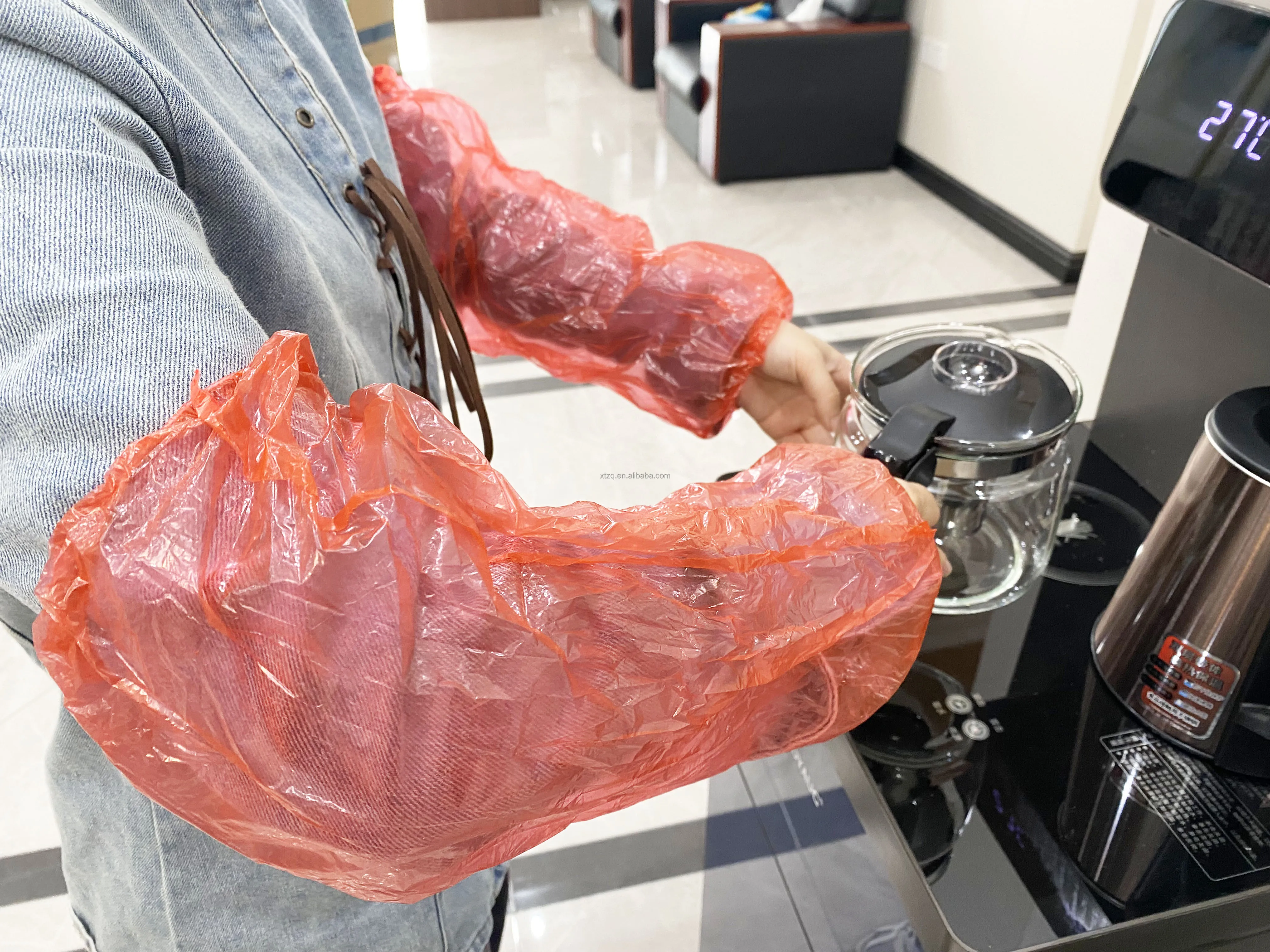 Custom blue white PE waterproof disposable plastic handmade Sleeve cover for cosmetics making laboratory