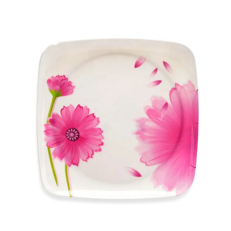 Restaurant dinnerware custom logo flower design OEM melamine plastic square dishes food grade square dinner plates
