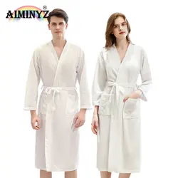 AIMINYZ New Fashion Design Men And Pajamas Thin Summer Waffle Long Sleeved Morning Gown Couple Homewear Medium length Bathrobe
