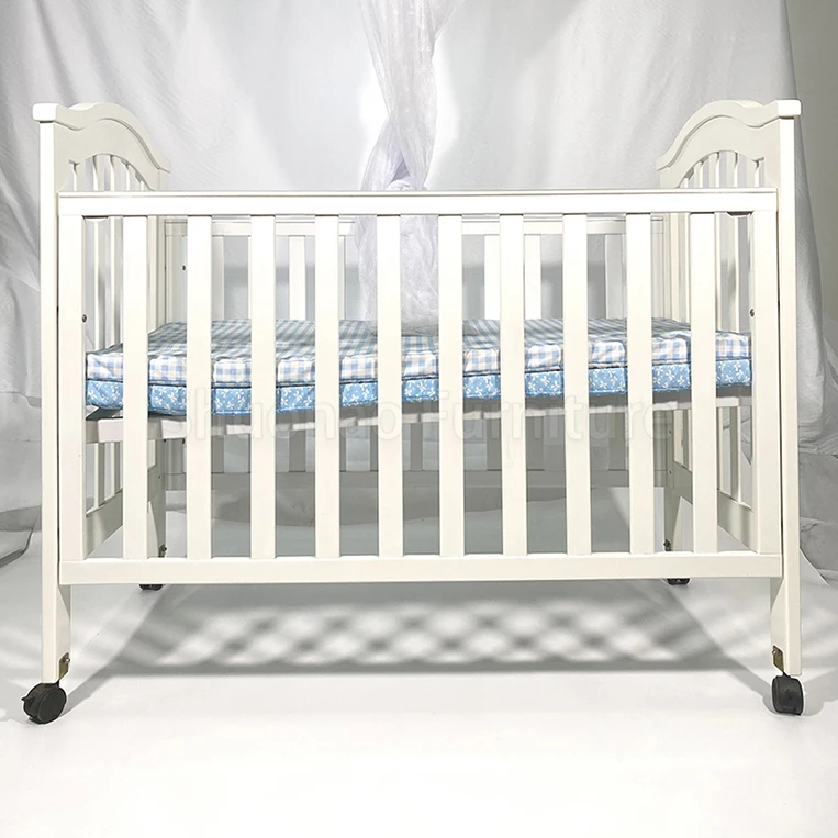 2022 New design product baby bed white wooden baby crib with net movable children cot