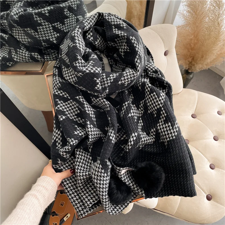 2022 Korean Winter Girls Ladies Scarves With Faux Fur Pom Pom Warm Pashmina Wraps Double Sided Cashmere Shawls Scarf