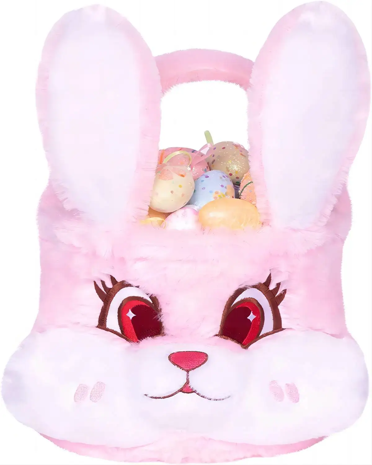 3D Cute Plush Empty Bucket with Foldable Ears and Handle Bunny Easter Basket for Kids Gift Pink