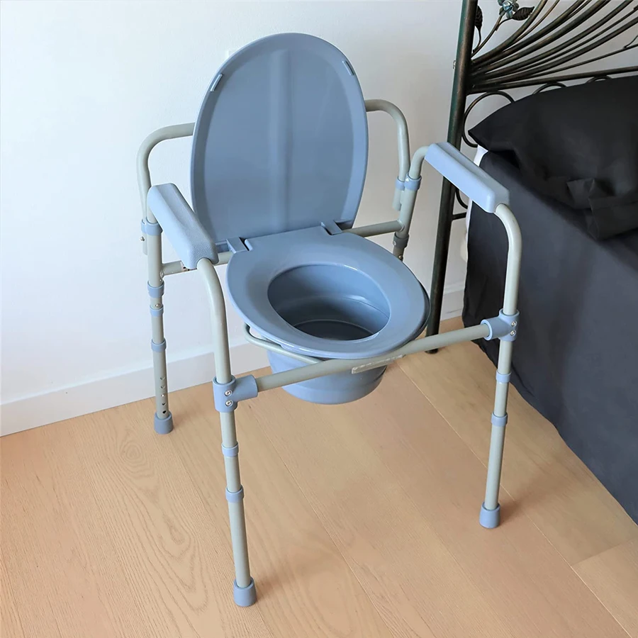 Commode Chair Fixed Arms Steel Back Bar, 3-in-1 Portable Bathroom Potty Chair for Adults