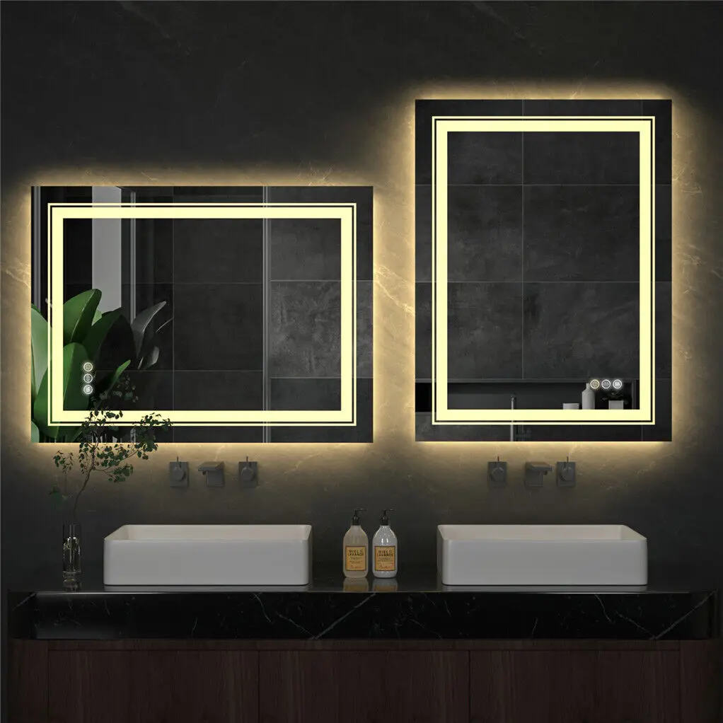 19.7x27.6 inch Custom-made Rectangle LED Double Illuminate Bathroom Mirror 3 Color Dimming Defogging Shower Shaving Mirror