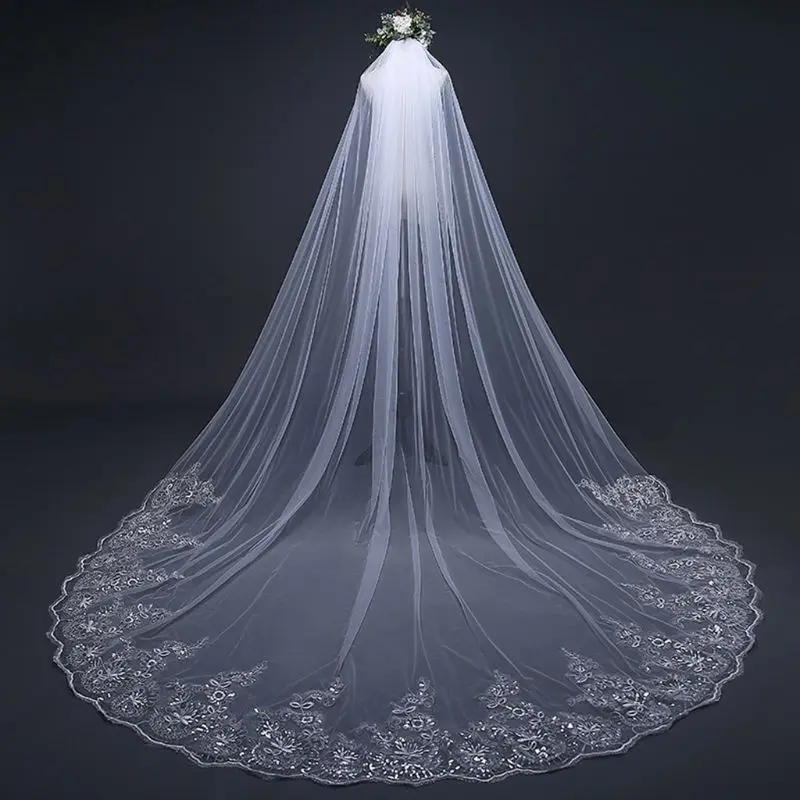 One Layer Women Trailing Cathedral Long Wedding Veil Embroidered Floral Lace Applique Scalloped Trim Bridal Veil With Comb