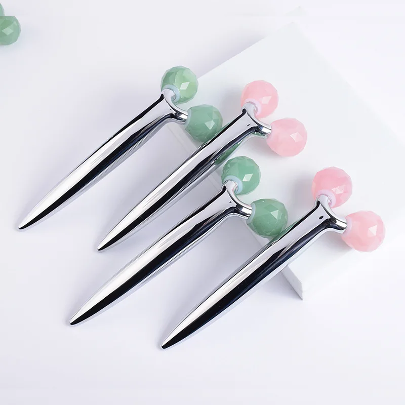 Stainless Steel Handheld Quartz Jade Roller Gua sha Quartz Jade Roller Face Massage Rose Quartz Facial Msaage Tool