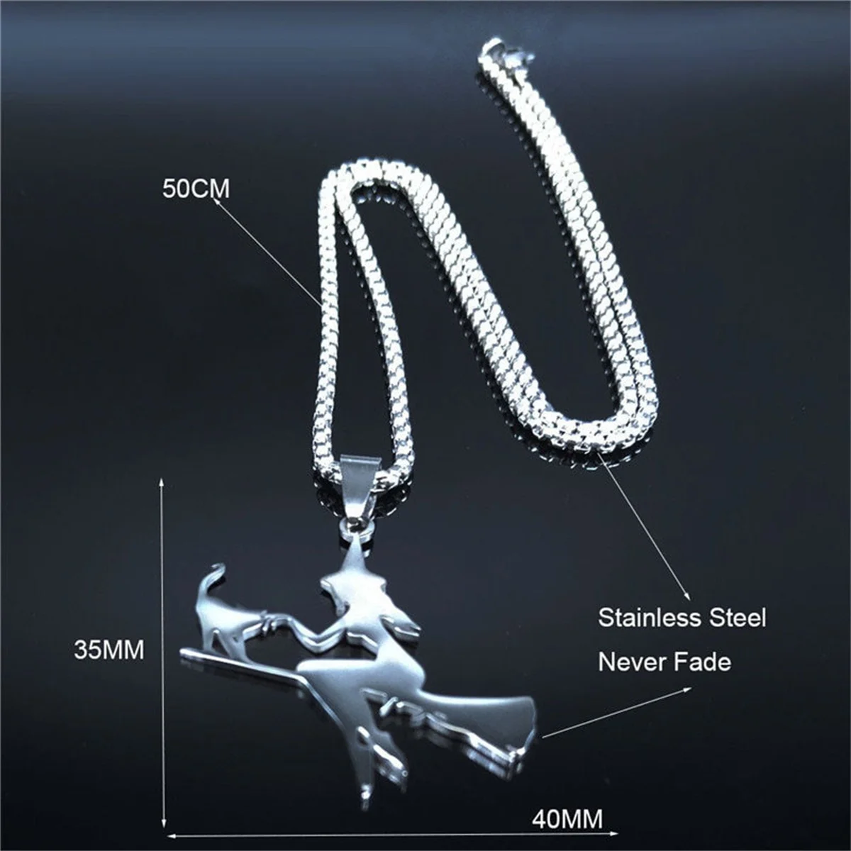 Ouj Witch On Broom With Cat Stainless Steel Pendant Necklace Alien Head Pendant Necklace