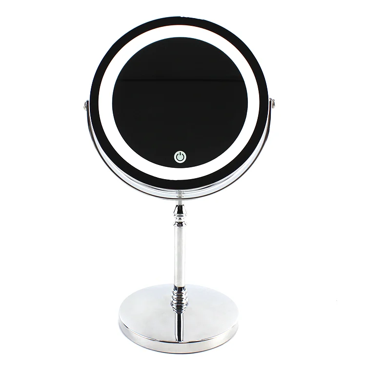 Round Chrome Double Sides Magnifying Desktop LED Cosmetic Mirror Modern Makeup Mirror With LED Light