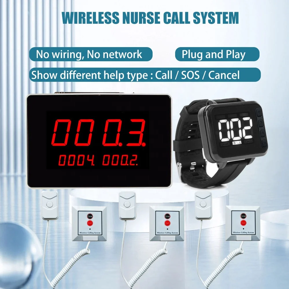 Wireless Hospital Nurse Call Bell System Call Buzzer System Emergency Nurse Call Cord 1Display 1Watch and 2 Buttons