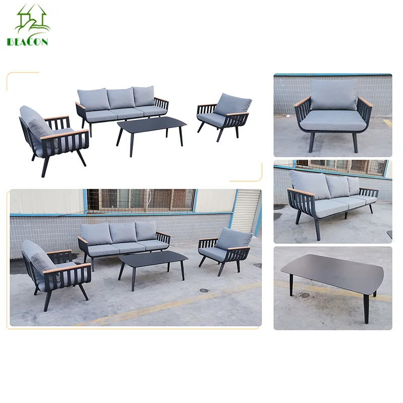 Waterproof 4 Piece Lounge Couch Beige Black Luxury Modern Aluminium Garden Patio Outdoor Sectional Sofa Set For Courtyard