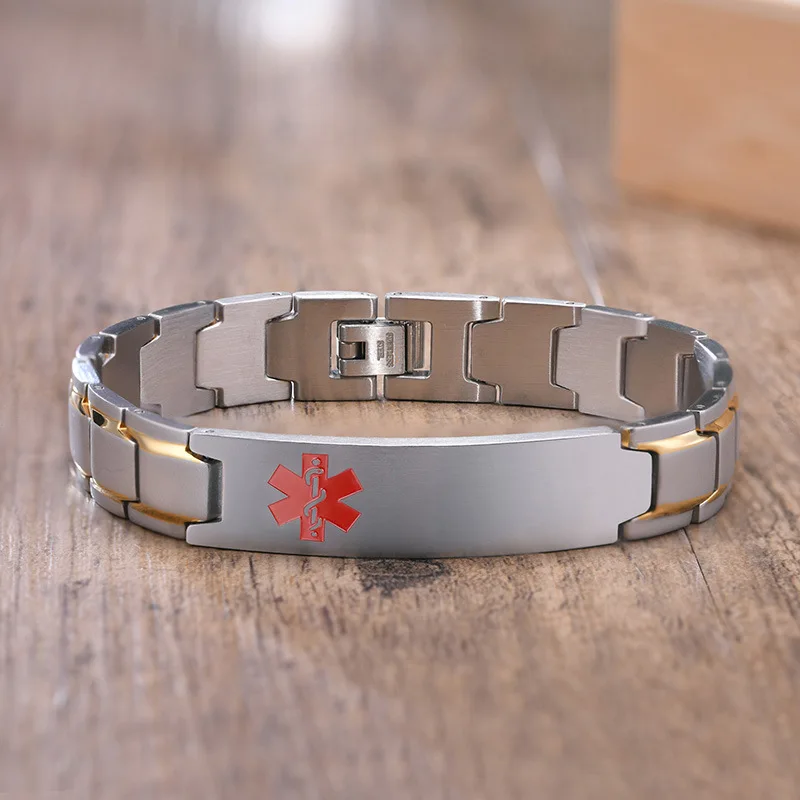 Brushed stainless steel emergency medical alert ID adjustable bracelet