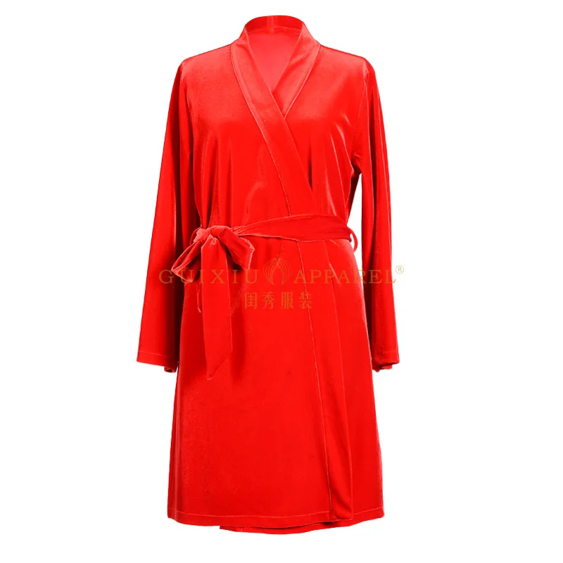 Custom Logo Winter 2 piece set Canary velvet fabric Christmas robe red color pleuche  christmas robes and lace slip