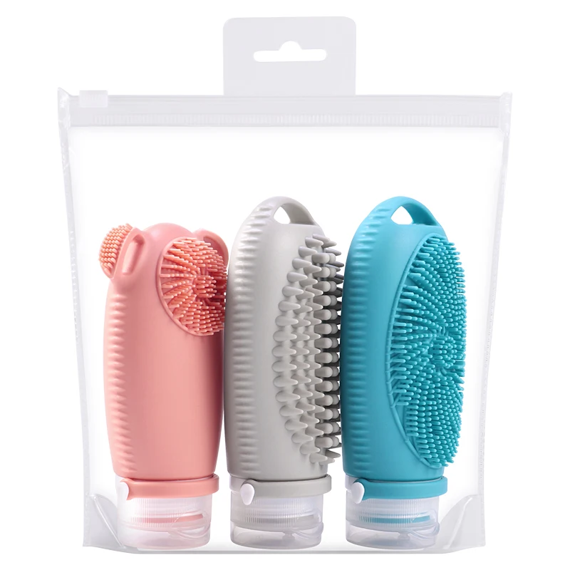 Custom Design New Arrivals 100ML Portable Reusable Silicone Body Wash Travel Bottle Kits with Cleaner Brush for Toiletries