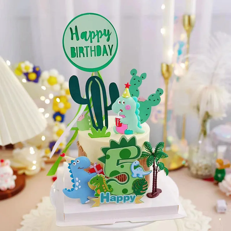 Kids Cake Accessories Dinosaur Happy Birthdays Cake Topper Cartoon Number Animal Cake Paper Top