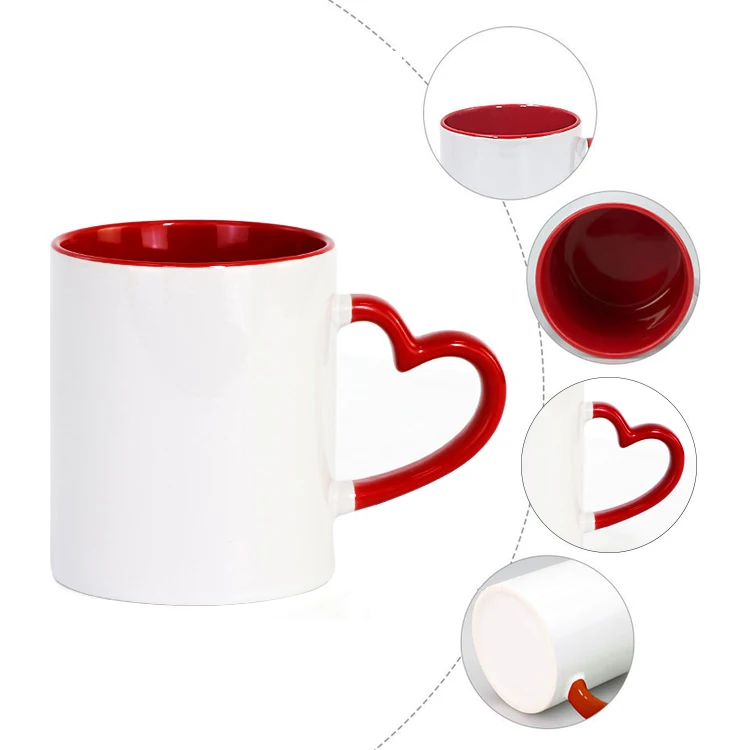 Wholesale Colourful Heart Shaped Handle White Blank Mug Sublimation 11OZ Inner Color Ceramic Mugs