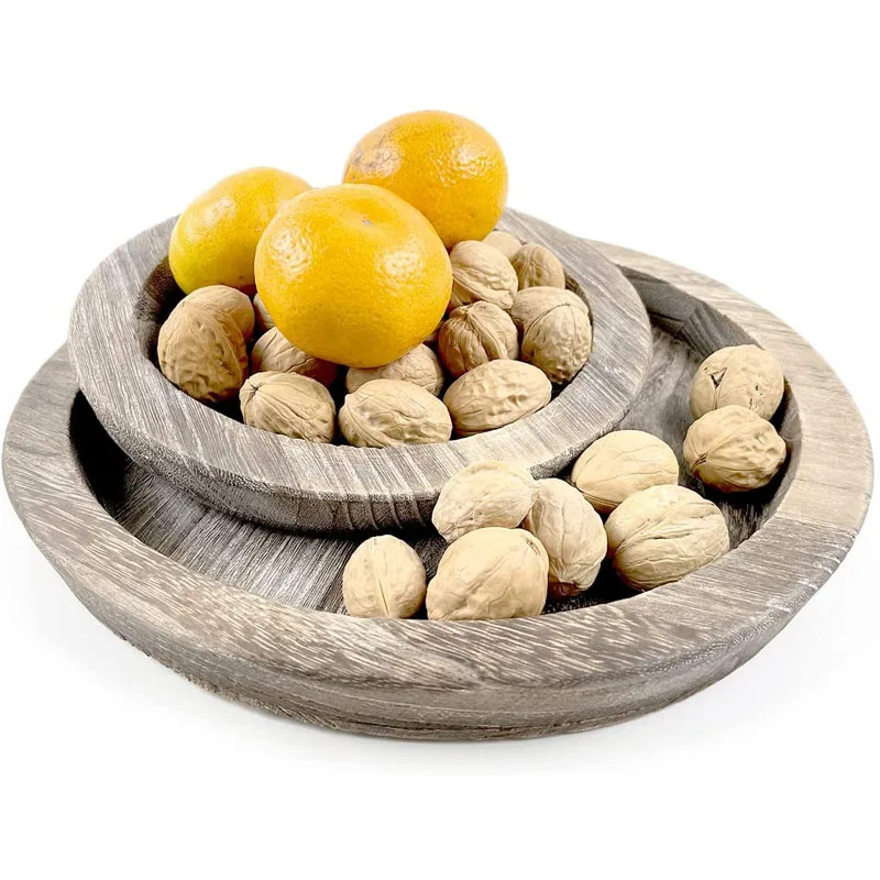 Wood Tray Wooden Fruit Candy Snack Round Plates,Home Decor,Carbonized,Archaize,Set of 2,Large and Small