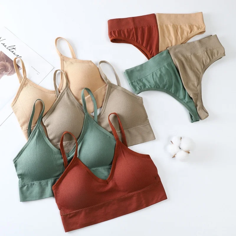 Dropshipping Push Up Sports Women Padded Bralette Panties Sexy Fitness Crop Top Underwear Seamless Active Bra Thong