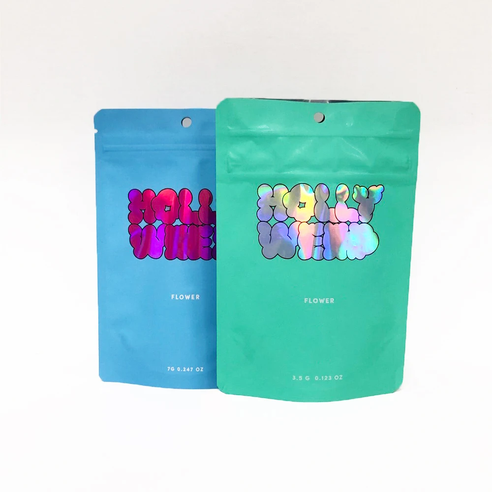 Custom UV Gold Stamping Holographic Resealable Child Resistant Zipper 3.5g Pack Smell Proof Packaging Mylar Bag Stand up Pouch