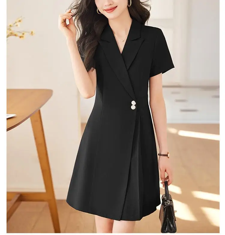 Women Office Suit Dress Solid Short Sleeve Pleated Trimmed Dress for Work Wholesale Plus Size Natural Woven Simple Midi Formal