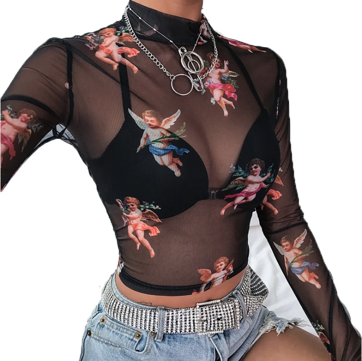 
Wholesale Angel Print Black Mesh Crop Top Long Sleeve T shirt Sexy Womens Streetwear Tops 