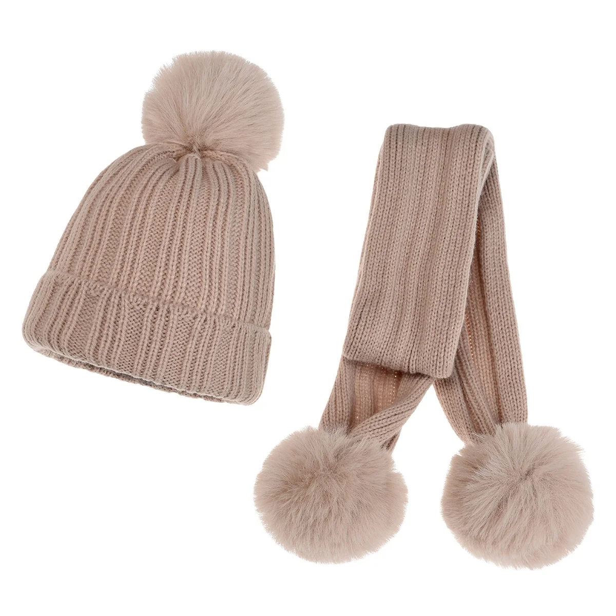 2021 new kids winter hat faux fur ball toddler baby Children two piece hat scarf set beanie with pompom