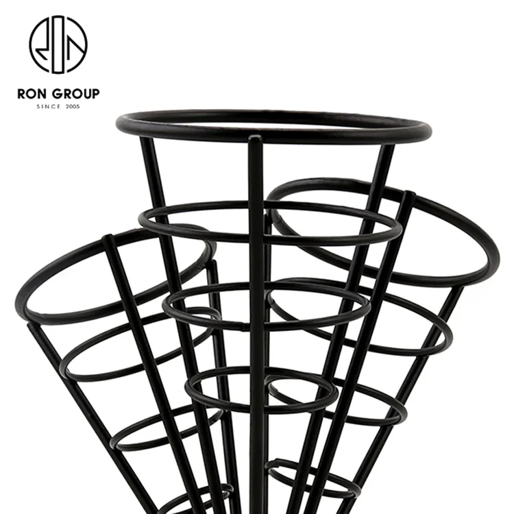 High Quality Restaurant Use Kitchenware Snacks Metal Basket Rack Display Wire Iron Matte Black 3 Cones French Fry Holder Stand