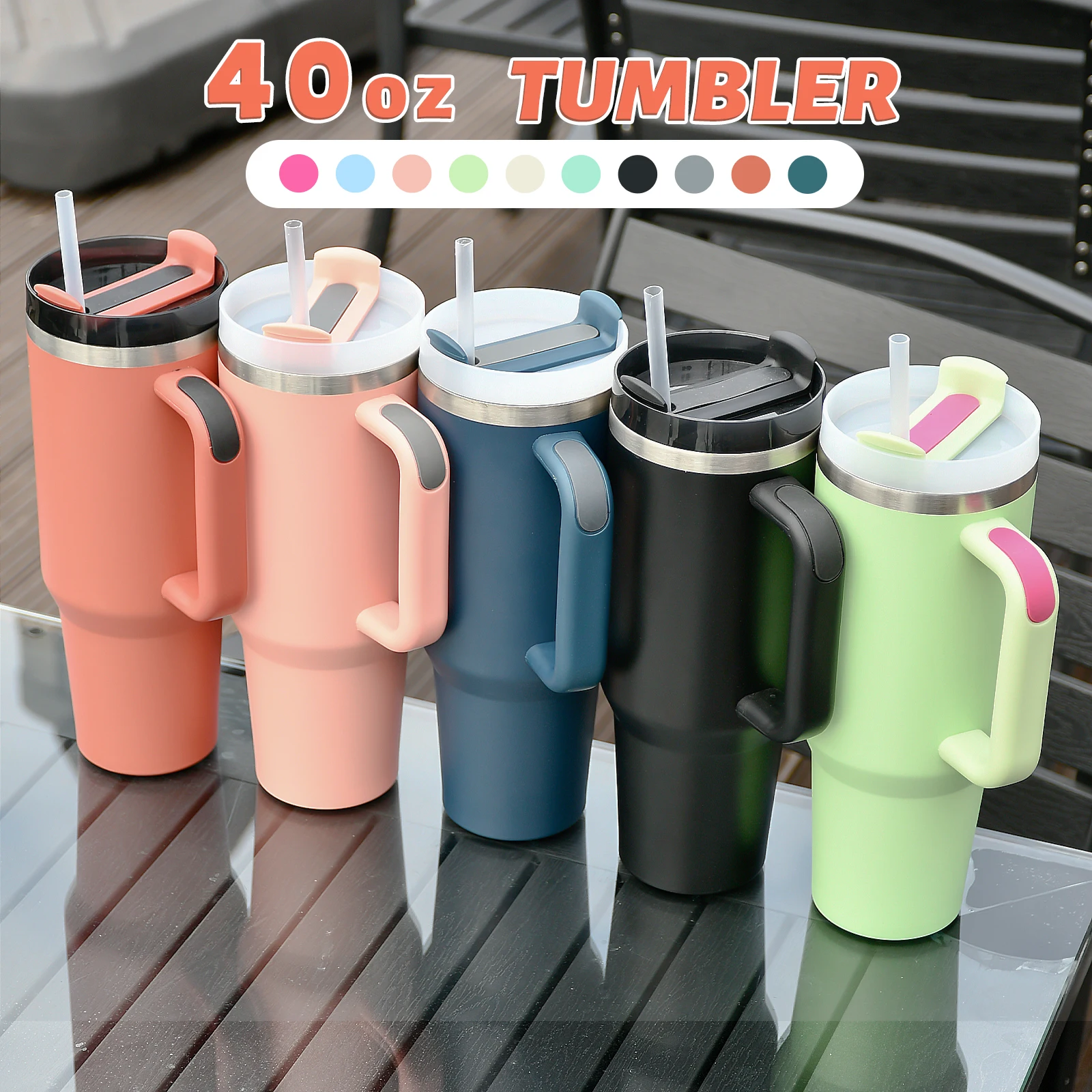 40 Oz Sublimation Tumbler Blank Stainless Steel Insulated Travel Mug Double Wall Cup With Handle & Straw