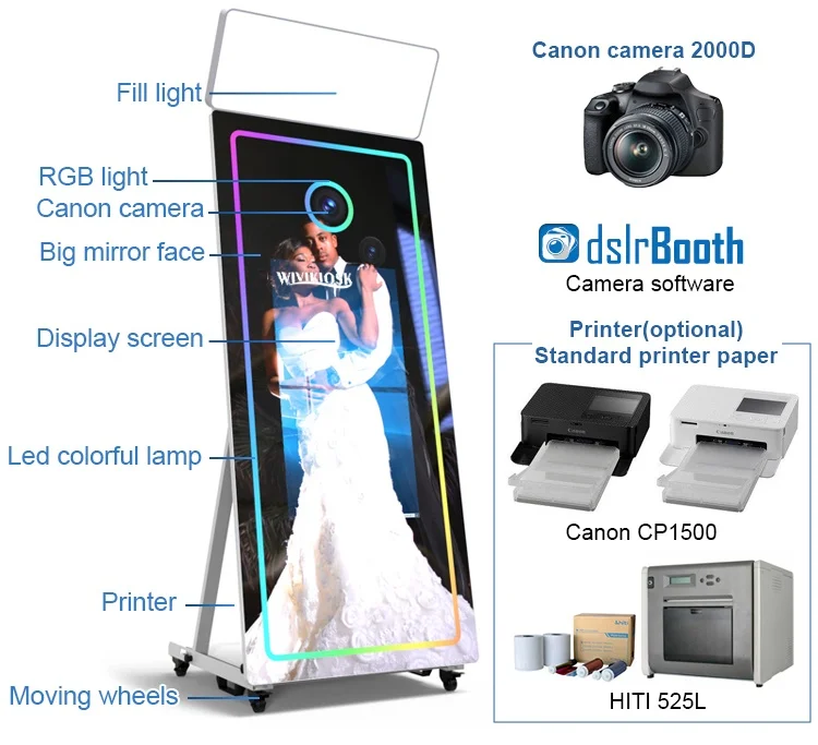 Selfie Photo Booth Magic Mirror LED Frame Photo Booth with Printer and Camera Compatible with SLR and GO Devices