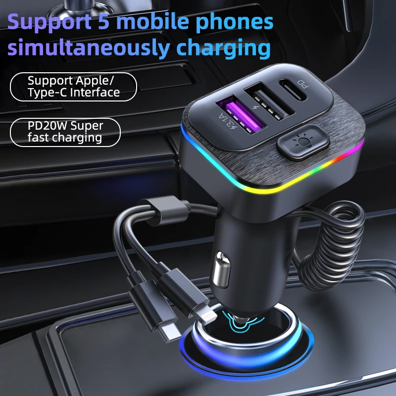 Universal Type c PD 20W Quick Car Charger 3 Port USB charge Spring Cables Fast Car USB Charger For iPhone Xiaomi Mobile Phone